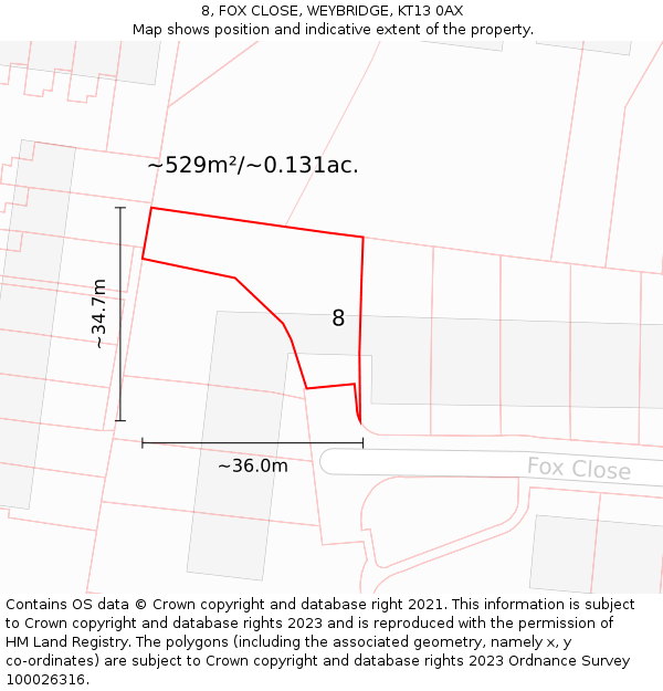 8, FOX CLOSE, WEYBRIDGE, KT13 0AX: Plot and title map