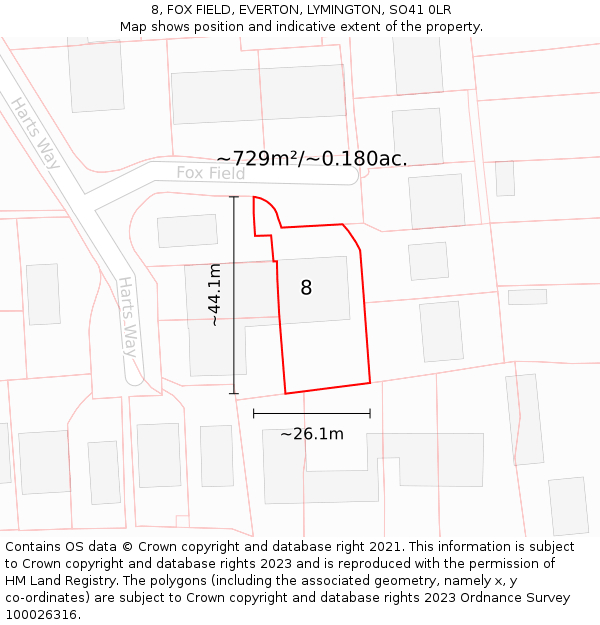 8, FOX FIELD, EVERTON, LYMINGTON, SO41 0LR: Plot and title map