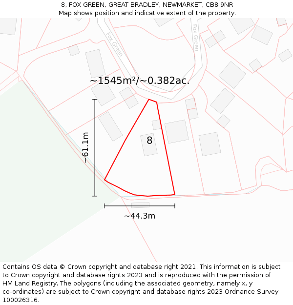 8, FOX GREEN, GREAT BRADLEY, NEWMARKET, CB8 9NR: Plot and title map