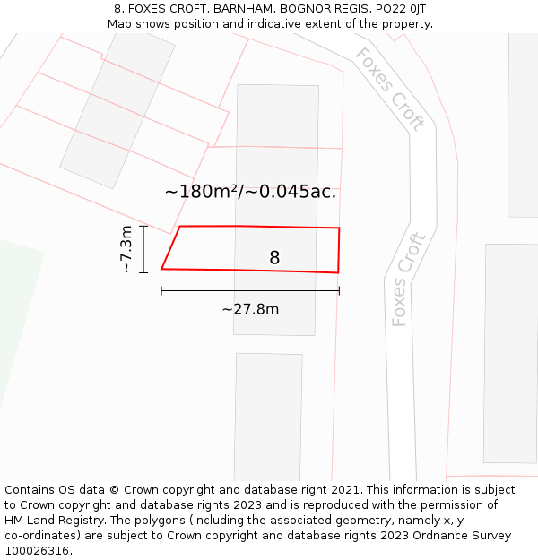 8, FOXES CROFT, BARNHAM, BOGNOR REGIS, PO22 0JT: Plot and title map