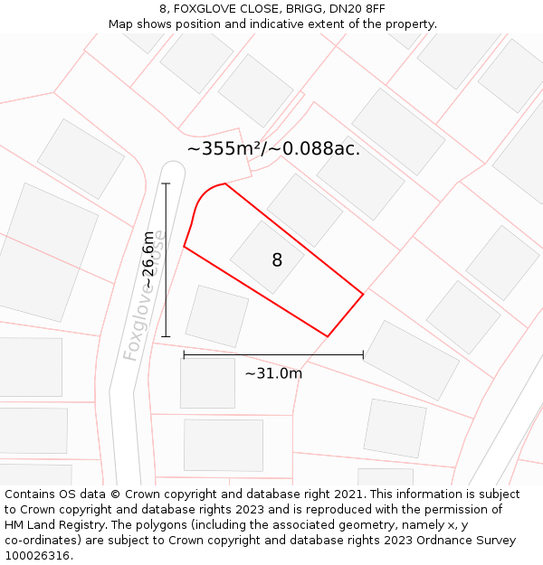 8, FOXGLOVE CLOSE, BRIGG, DN20 8FF: Plot and title map