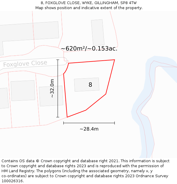 8, FOXGLOVE CLOSE, WYKE, GILLINGHAM, SP8 4TW: Plot and title map