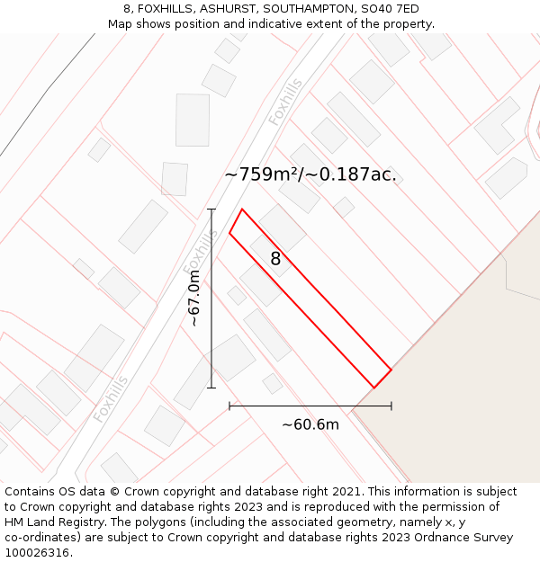 8, FOXHILLS, ASHURST, SOUTHAMPTON, SO40 7ED: Plot and title map