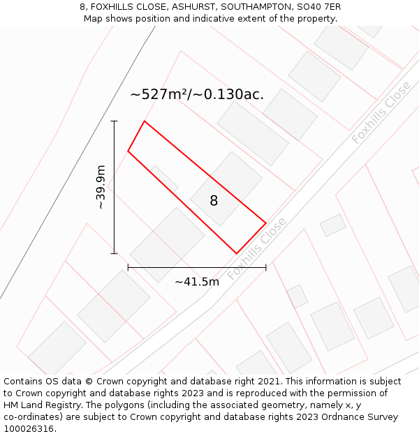 8, FOXHILLS CLOSE, ASHURST, SOUTHAMPTON, SO40 7ER: Plot and title map