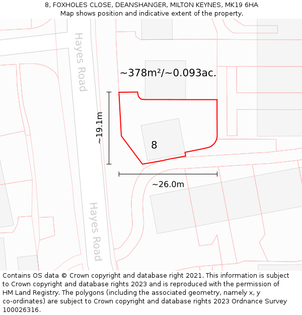 8, FOXHOLES CLOSE, DEANSHANGER, MILTON KEYNES, MK19 6HA: Plot and title map