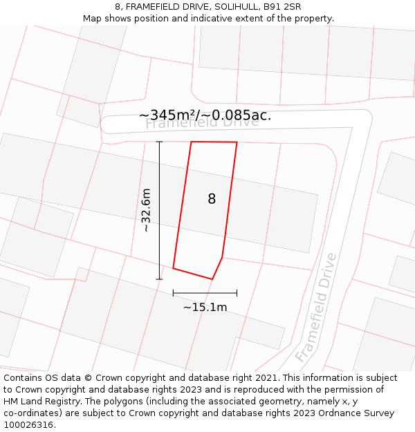 8, FRAMEFIELD DRIVE, SOLIHULL, B91 2SR: Plot and title map