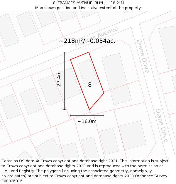 8, FRANCES AVENUE, RHYL, LL18 2LN: Plot and title map