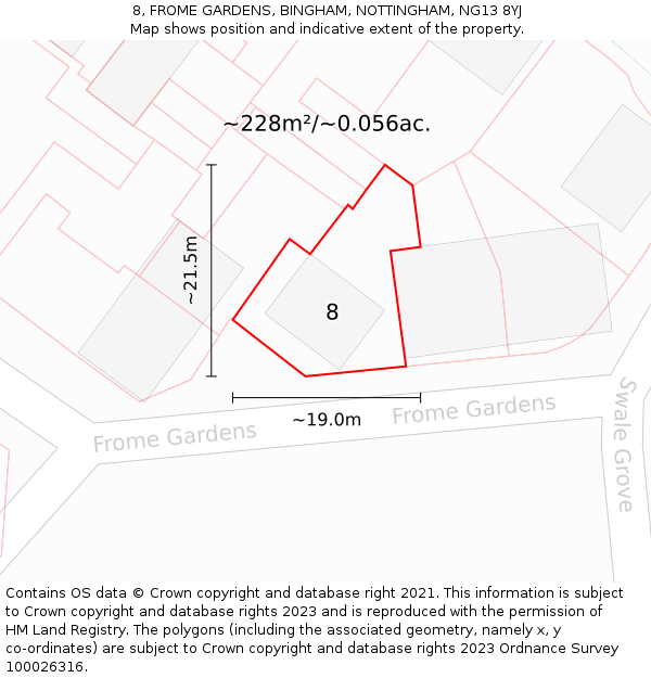 8, FROME GARDENS, BINGHAM, NOTTINGHAM, NG13 8YJ: Plot and title map