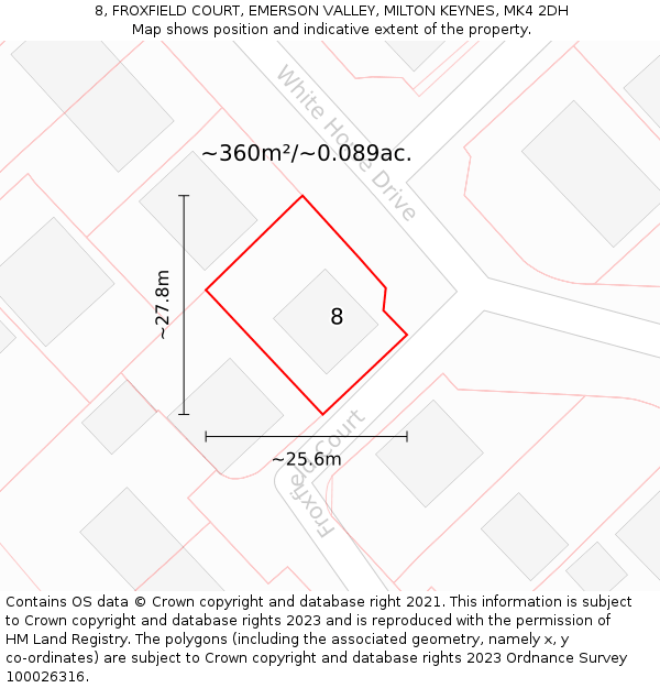 8, FROXFIELD COURT, EMERSON VALLEY, MILTON KEYNES, MK4 2DH: Plot and title map