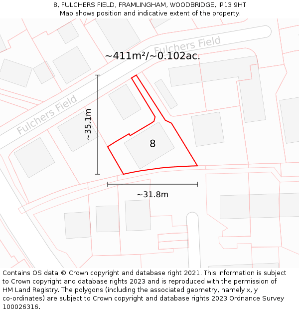 8, FULCHERS FIELD, FRAMLINGHAM, WOODBRIDGE, IP13 9HT: Plot and title map