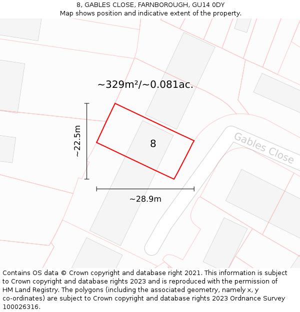 8, GABLES CLOSE, FARNBOROUGH, GU14 0DY: Plot and title map