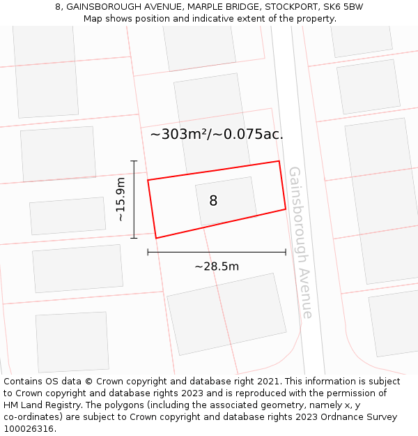 8, GAINSBOROUGH AVENUE, MARPLE BRIDGE, STOCKPORT, SK6 5BW: Plot and title map