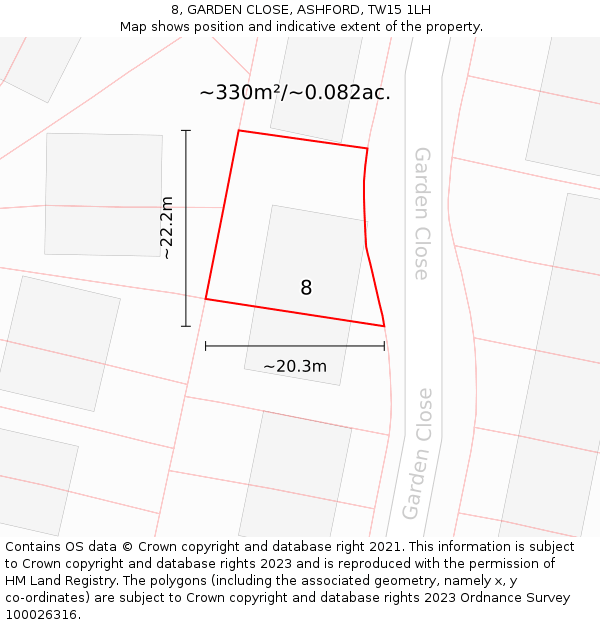 8, GARDEN CLOSE, ASHFORD, TW15 1LH: Plot and title map