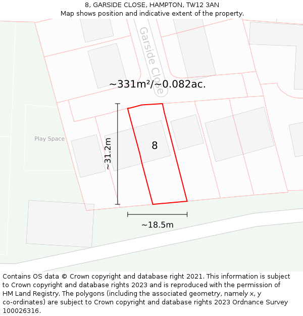 8, GARSIDE CLOSE, HAMPTON, TW12 3AN: Plot and title map