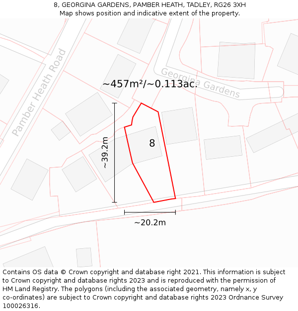 8, GEORGINA GARDENS, PAMBER HEATH, TADLEY, RG26 3XH: Plot and title map