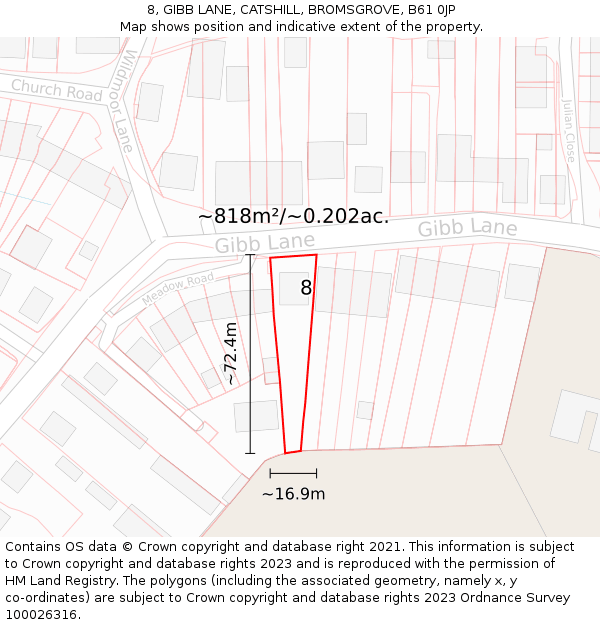 8, GIBB LANE, CATSHILL, BROMSGROVE, B61 0JP: Plot and title map