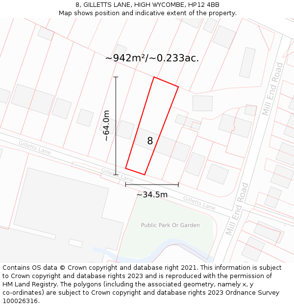 8, GILLETTS LANE, HIGH WYCOMBE, HP12 4BB: Plot and title map