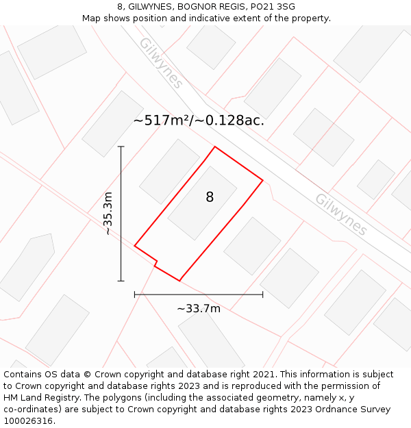 8, GILWYNES, BOGNOR REGIS, PO21 3SG: Plot and title map