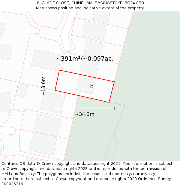 8, GLADE CLOSE, CHINEHAM, BASINGSTOKE, RG24 8BB: Plot and title map