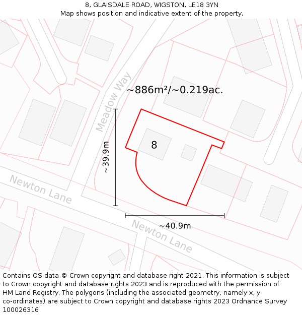 8, GLAISDALE ROAD, WIGSTON, LE18 3YN: Plot and title map