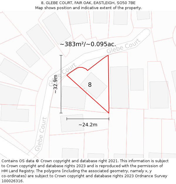 8, GLEBE COURT, FAIR OAK, EASTLEIGH, SO50 7BE: Plot and title map