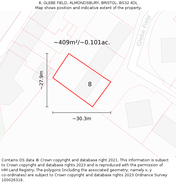 8, GLEBE FIELD, ALMONDSBURY, BRISTOL, BS32 4DL: Plot and title map