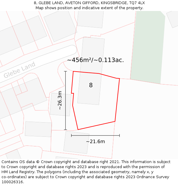 8, GLEBE LAND, AVETON GIFFORD, KINGSBRIDGE, TQ7 4LX: Plot and title map