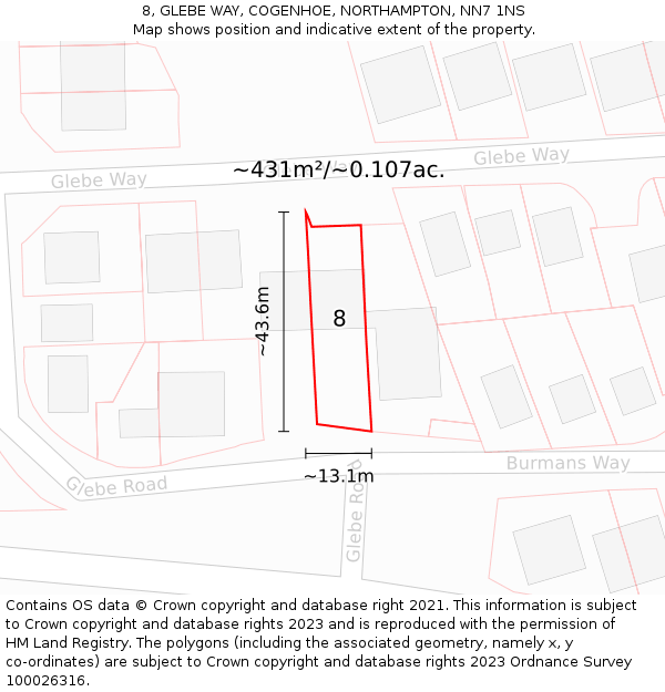 8, GLEBE WAY, COGENHOE, NORTHAMPTON, NN7 1NS: Plot and title map