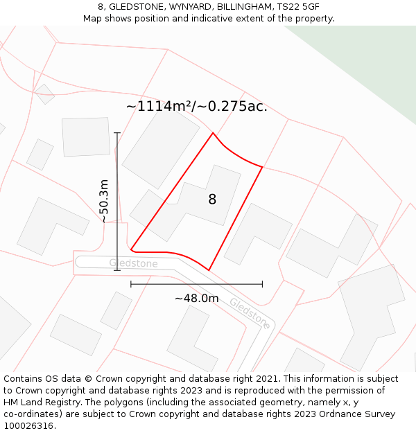 8, GLEDSTONE, WYNYARD, BILLINGHAM, TS22 5GF: Plot and title map