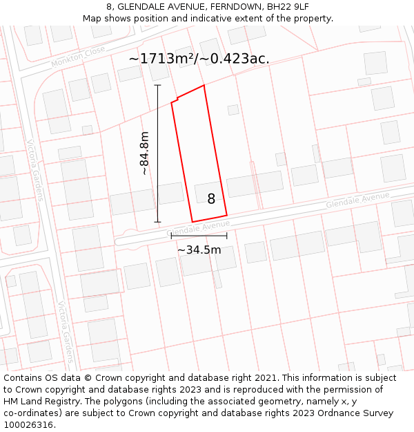 8, GLENDALE AVENUE, FERNDOWN, BH22 9LF: Plot and title map