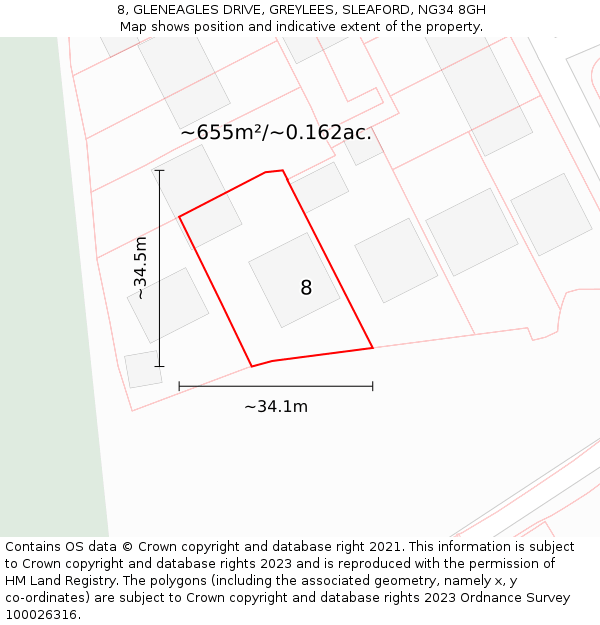 8, GLENEAGLES DRIVE, GREYLEES, SLEAFORD, NG34 8GH: Plot and title map