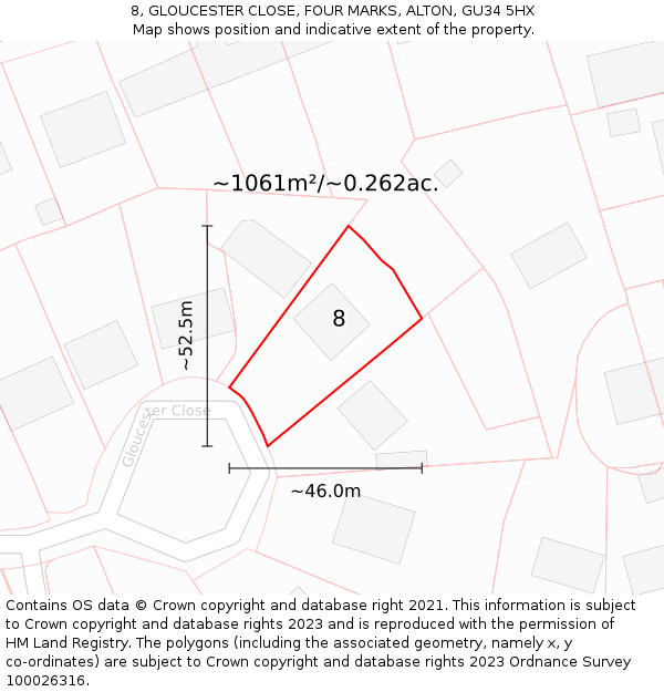 8, GLOUCESTER CLOSE, FOUR MARKS, ALTON, GU34 5HX: Plot and title map