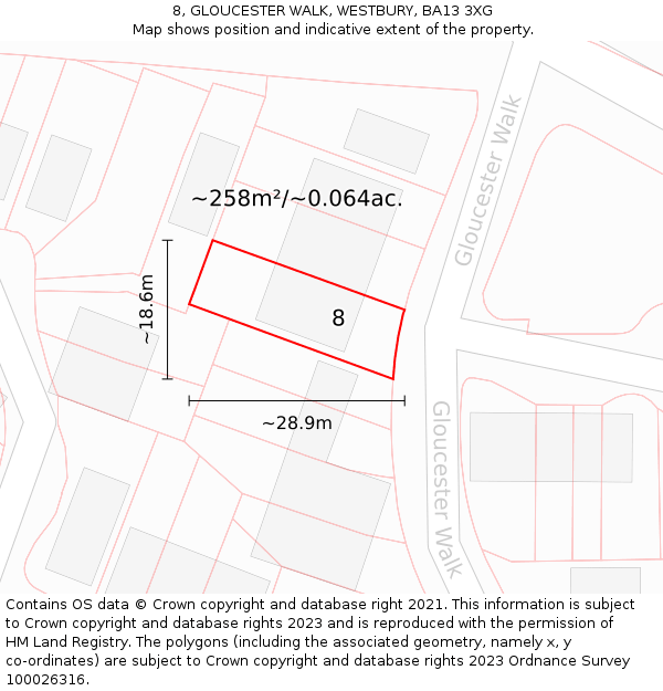 8, GLOUCESTER WALK, WESTBURY, BA13 3XG: Plot and title map