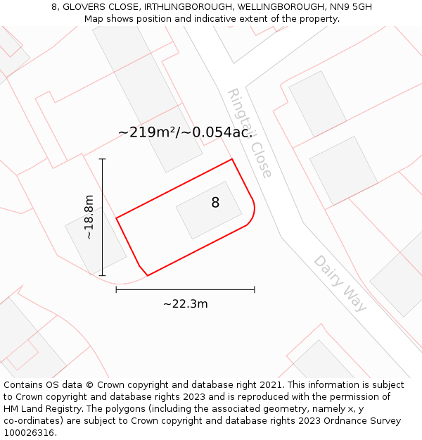 8, GLOVERS CLOSE, IRTHLINGBOROUGH, WELLINGBOROUGH, NN9 5GH: Plot and title map