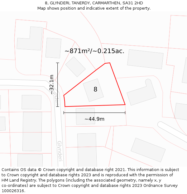 8, GLYNDERI, TANERDY, CARMARTHEN, SA31 2HD: Plot and title map