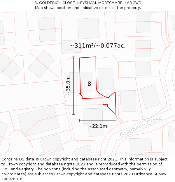 8, GOLDFINCH CLOSE, HEYSHAM, MORECAMBE, LA3 2WD: Plot and title map