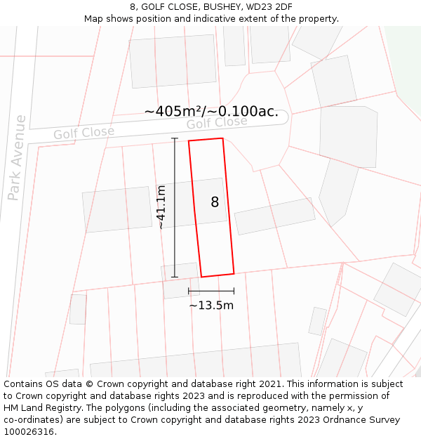 8, GOLF CLOSE, BUSHEY, WD23 2DF: Plot and title map