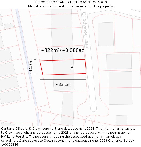 8, GOODWOOD LANE, CLEETHORPES, DN35 0FG: Plot and title map