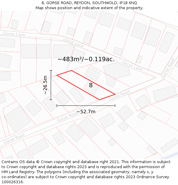 8, GORSE ROAD, REYDON, SOUTHWOLD, IP18 6NQ: Plot and title map