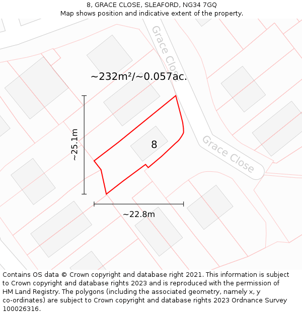 8, GRACE CLOSE, SLEAFORD, NG34 7GQ: Plot and title map