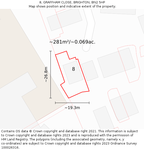 8, GRAFFHAM CLOSE, BRIGHTON, BN2 5HP: Plot and title map