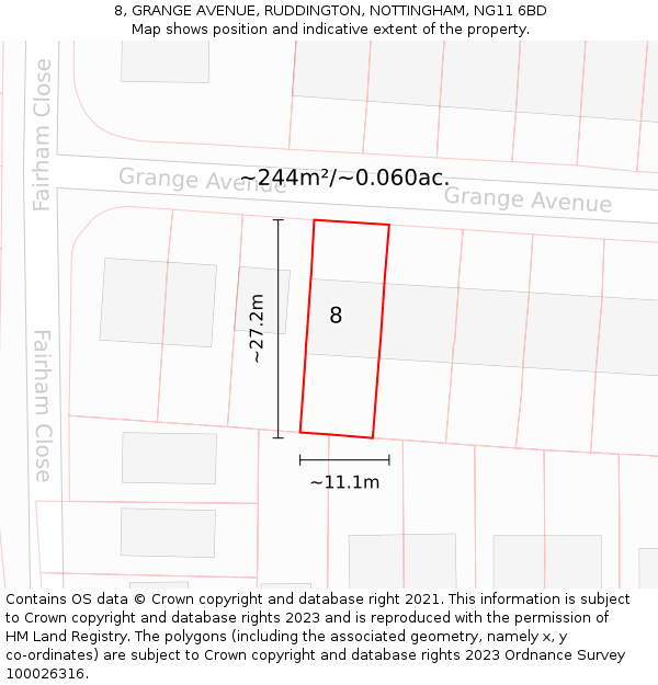 8, GRANGE AVENUE, RUDDINGTON, NOTTINGHAM, NG11 6BD: Plot and title map