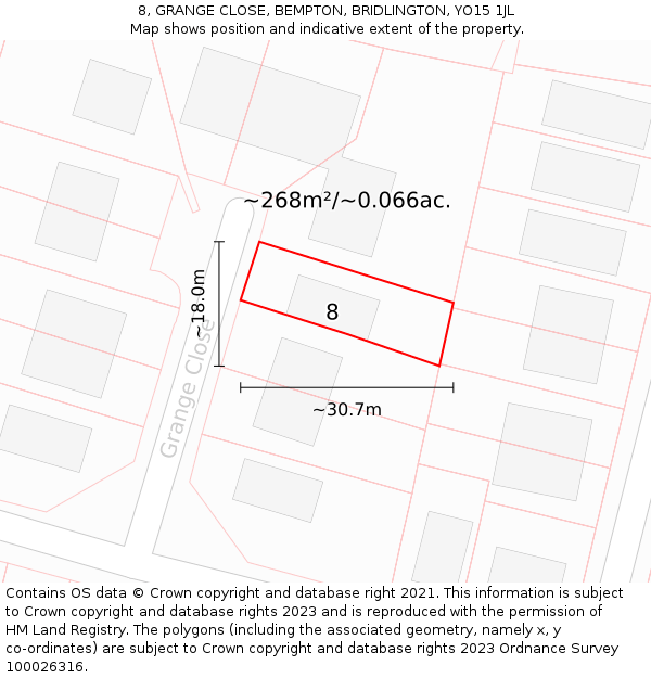 8, GRANGE CLOSE, BEMPTON, BRIDLINGTON, YO15 1JL: Plot and title map