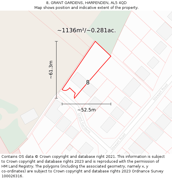 8, GRANT GARDENS, HARPENDEN, AL5 4QD: Plot and title map