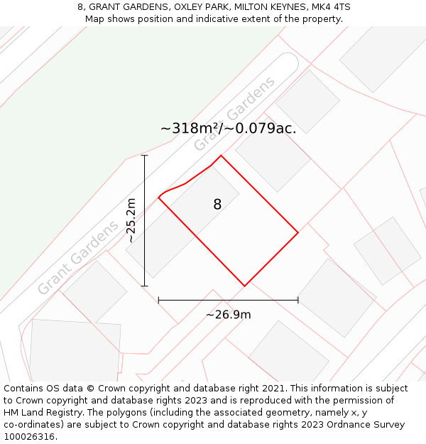 8, GRANT GARDENS, OXLEY PARK, MILTON KEYNES, MK4 4TS: Plot and title map