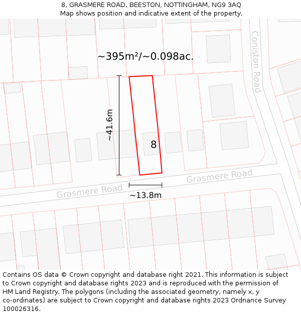 8, GRASMERE ROAD, BEESTON, NOTTINGHAM, NG9 3AQ: Plot and title map