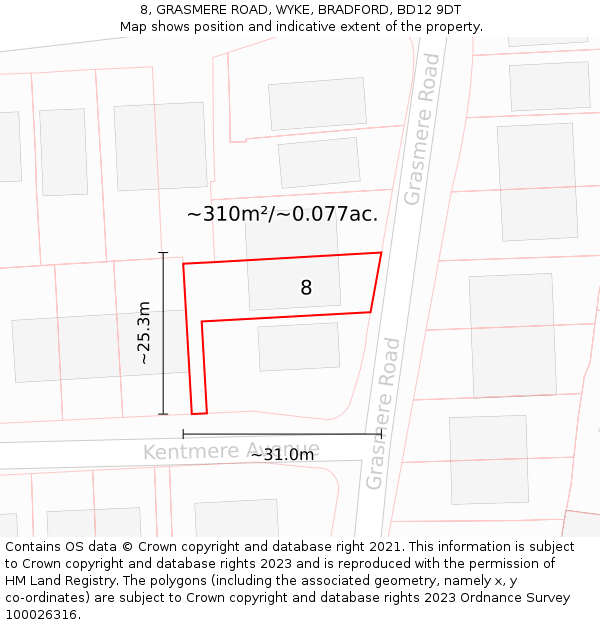 8, GRASMERE ROAD, WYKE, BRADFORD, BD12 9DT: Plot and title map