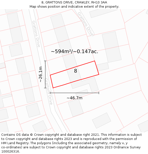 8, GRATTONS DRIVE, CRAWLEY, RH10 3AA: Plot and title map