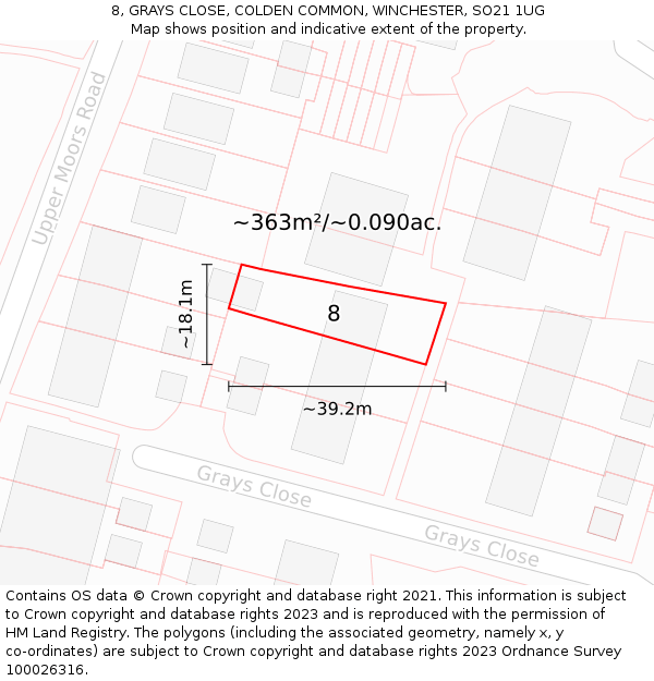 8, GRAYS CLOSE, COLDEN COMMON, WINCHESTER, SO21 1UG: Plot and title map