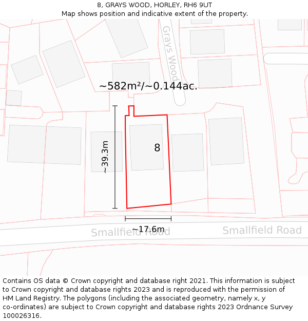 8, GRAYS WOOD, HORLEY, RH6 9UT: Plot and title map